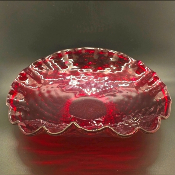 FOSTORIA? Ruby Red Bowl 11" Long x 8.5" Wide Footed Bowl W/Gold Flake and Foot. - Picture 4 of 9